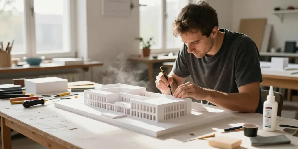 Gestaltungsmodell des Architekturmodells Baden-Baden in einem hellen Werkstattumfeld.