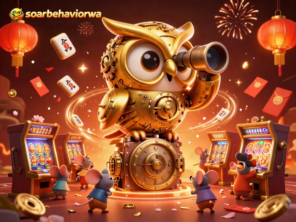 Soarbehaviorwa promotional illustration showcasing a golden owl surveying a vibrant casino floor.