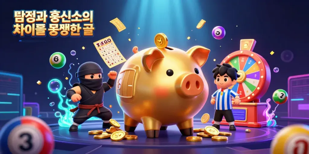 Illustration demonstrating 탐정과 흥신소의 차이를 설명한 글 with lively characters engaging in a dynamic gambling scene, showcasing fun lottery elements.