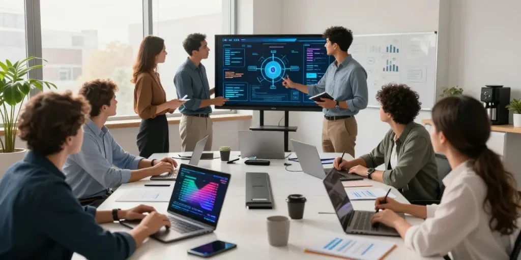 Professionelles Team einer IT-Sicherheitsfirma diskutiert Strategien zur Cyber-Sicherheit in einem modernen Büro.