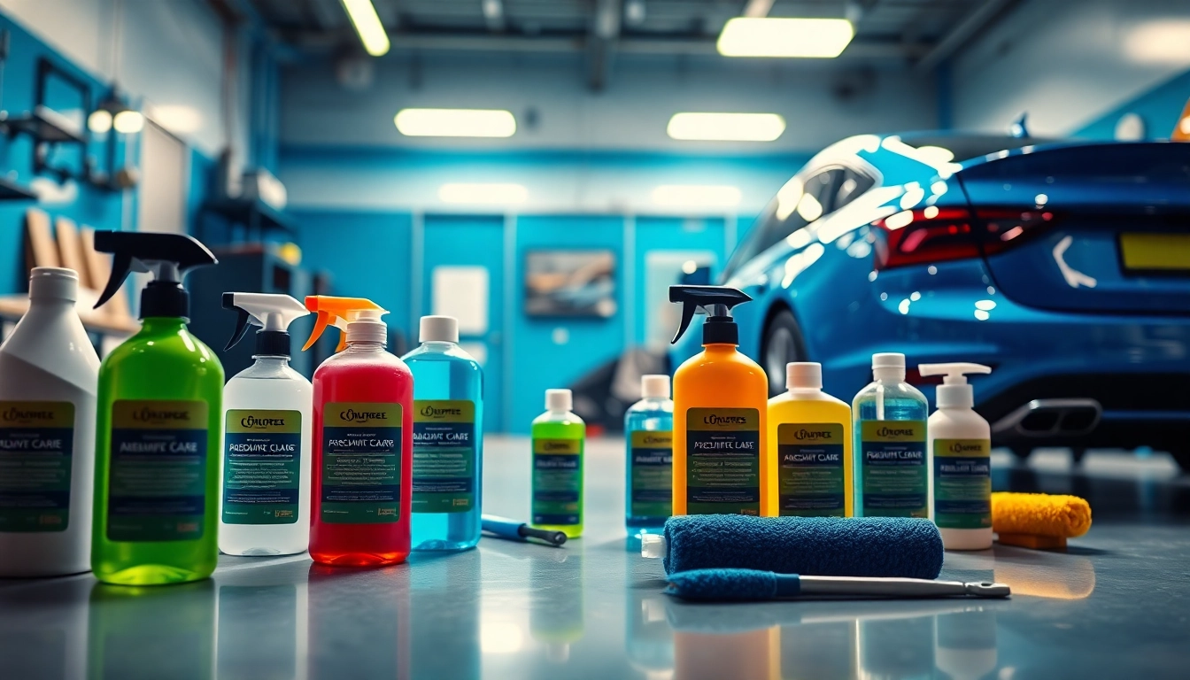 Autopflege Shop mit hochwertigen Reinigungsprodukten auf einem sauberen Arbeitsplatz.