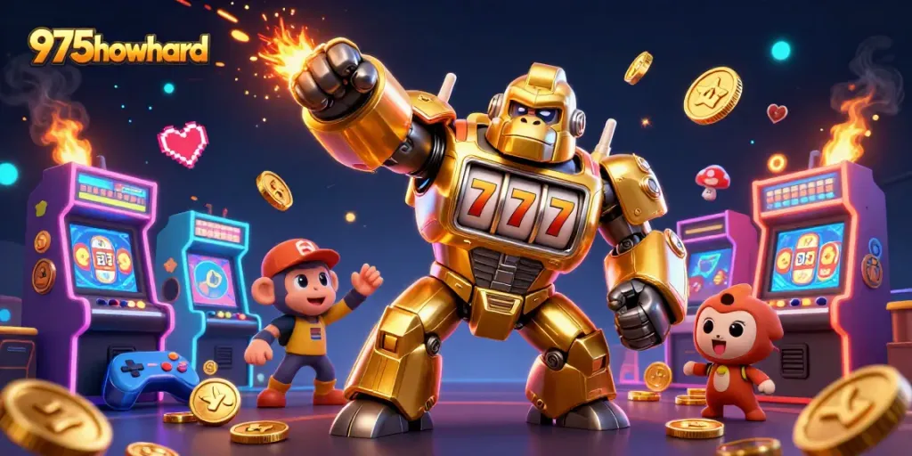 Experience the excitement of 975howard with a dynamic 3D casino scene featuring vibrant slot and arcade game elements.