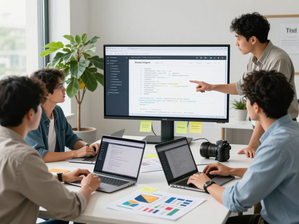 Design team discussing Barrierefreie und rechtssichere Webseiten Dienstleistung in a modern office.