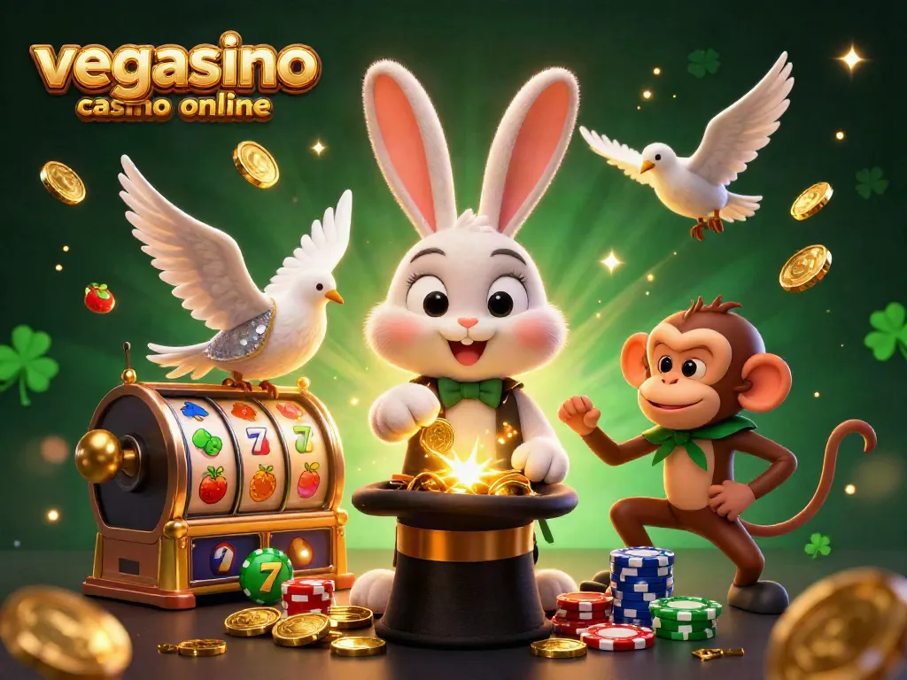Engage in thrilling gameplay at vegasino casino online with a lively 3D illustration of vibrant characters and slot reels.