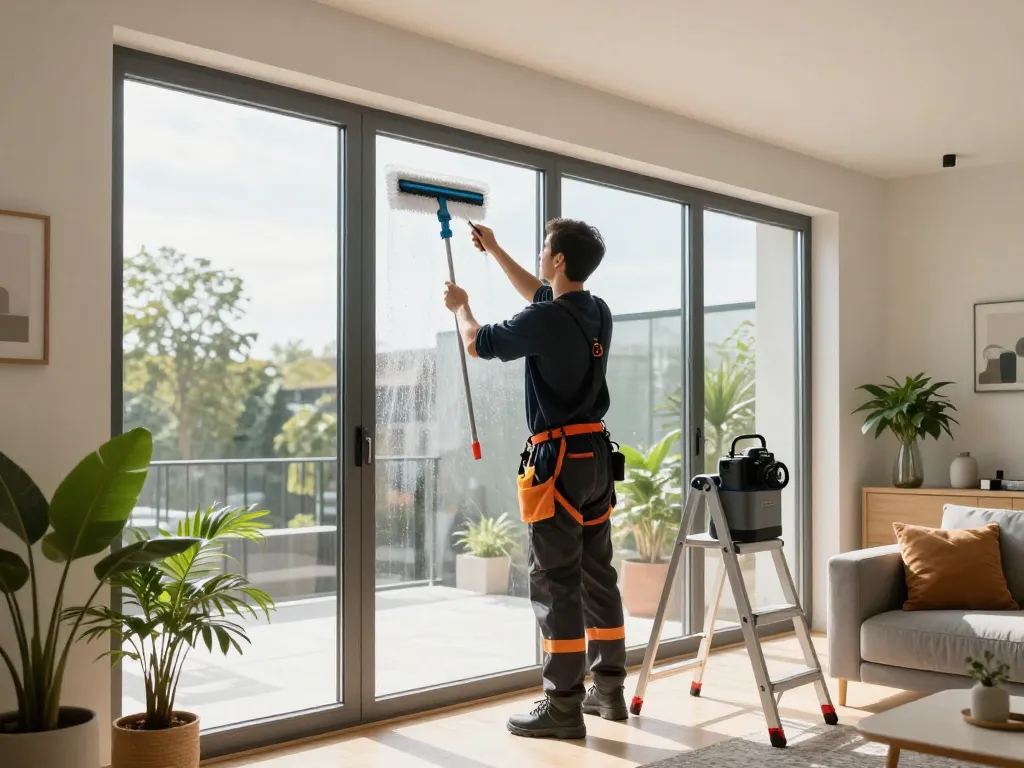 Detaillierte Ansicht der Fensterreinigung in Münster mit einem professionellen Reiniger, der große Fenster und helle Wohnräume reinigt.