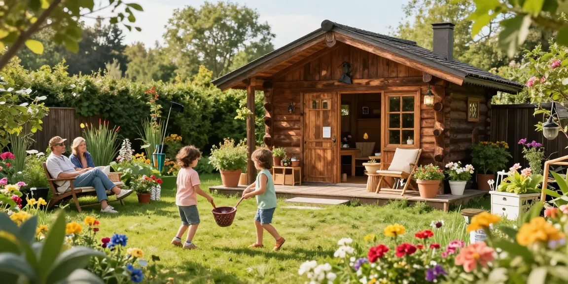Garten Haus umgeben von blühenden Pflanzen und einer entspannten Familie im Garten.