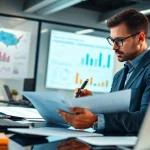 Headhunter IT consultant reviews candidate profiles in a focused office environment.