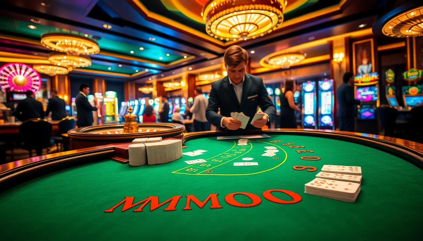 Players enjoying an exciting game night at a blackjack table with MMOO design elements.