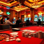 Engaged gamblers at the RR888-themed poker table, surrounded by vibrant casino elements.