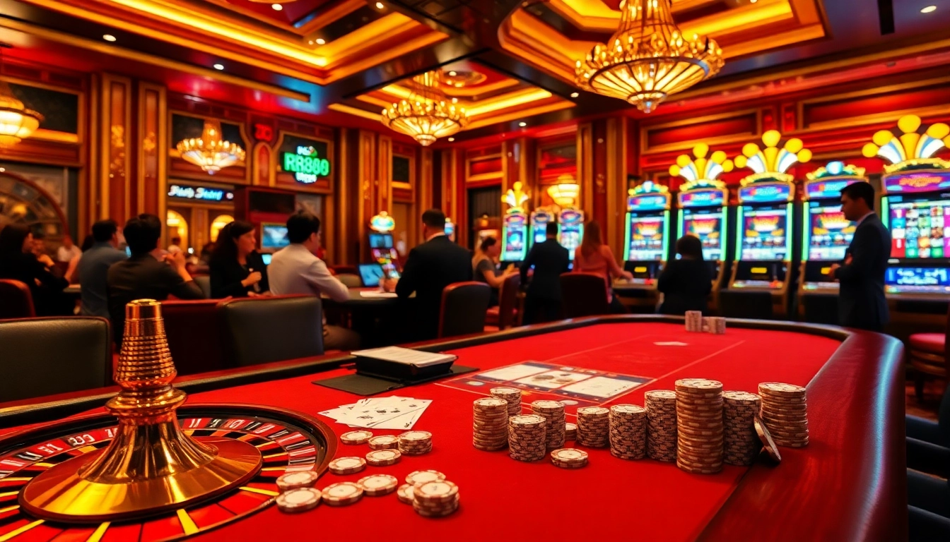 Engaged gamblers at the RR888-themed poker table, surrounded by vibrant casino elements.