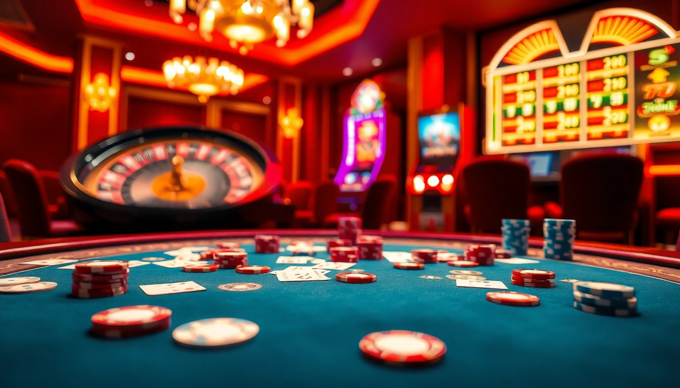 Engaging gameplay of game bài đổi thưởng at a vibrant casino table with cards and chips.