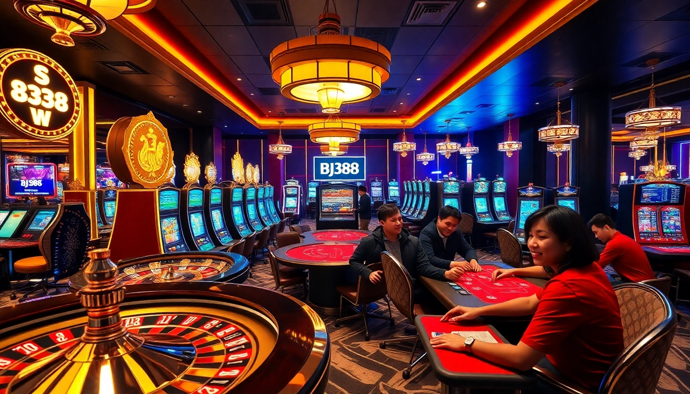 BJ388 casino scene showcasing high-stakes action and vibrant gambling elements.