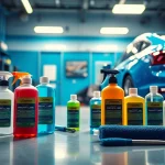 Autopflege Shop mit hochwertigen Reinigungsprodukten auf einem sauberen Arbeitsplatz.