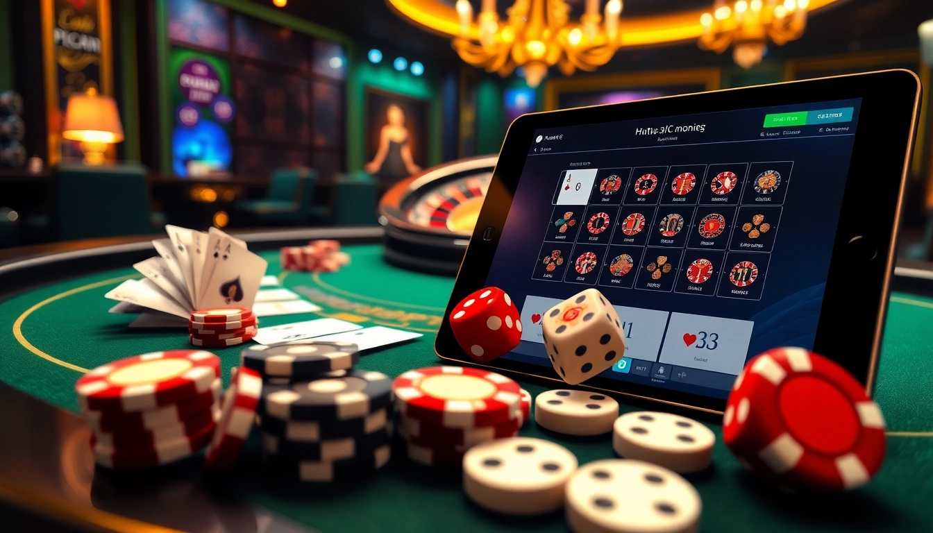The exciting online gambling experience at https://kjc.money/ depicted with a high-stakes poker game and vibrant casino elements.