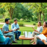 Promote mental health awareness through open conversations in a serene park setting.