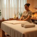 차분한 마사지 공간을 준비하는 젊은 치료사의 모습이 담긴 평택출장마사지의 고요한 장면.