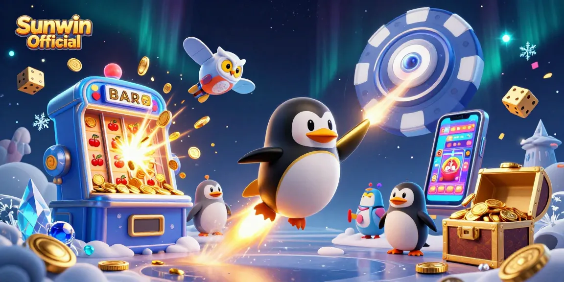 Play exciting games at Sunwin Official with a vibrant scene featuring a golden penguin and jackpot elements.
