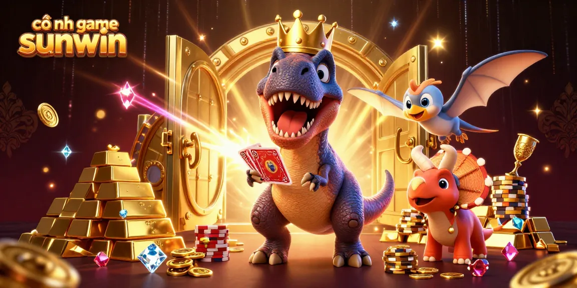 Experience the excitement of cổng game sunwin with a vibrant 3D illustration depicting a T-Rex and friends in action.